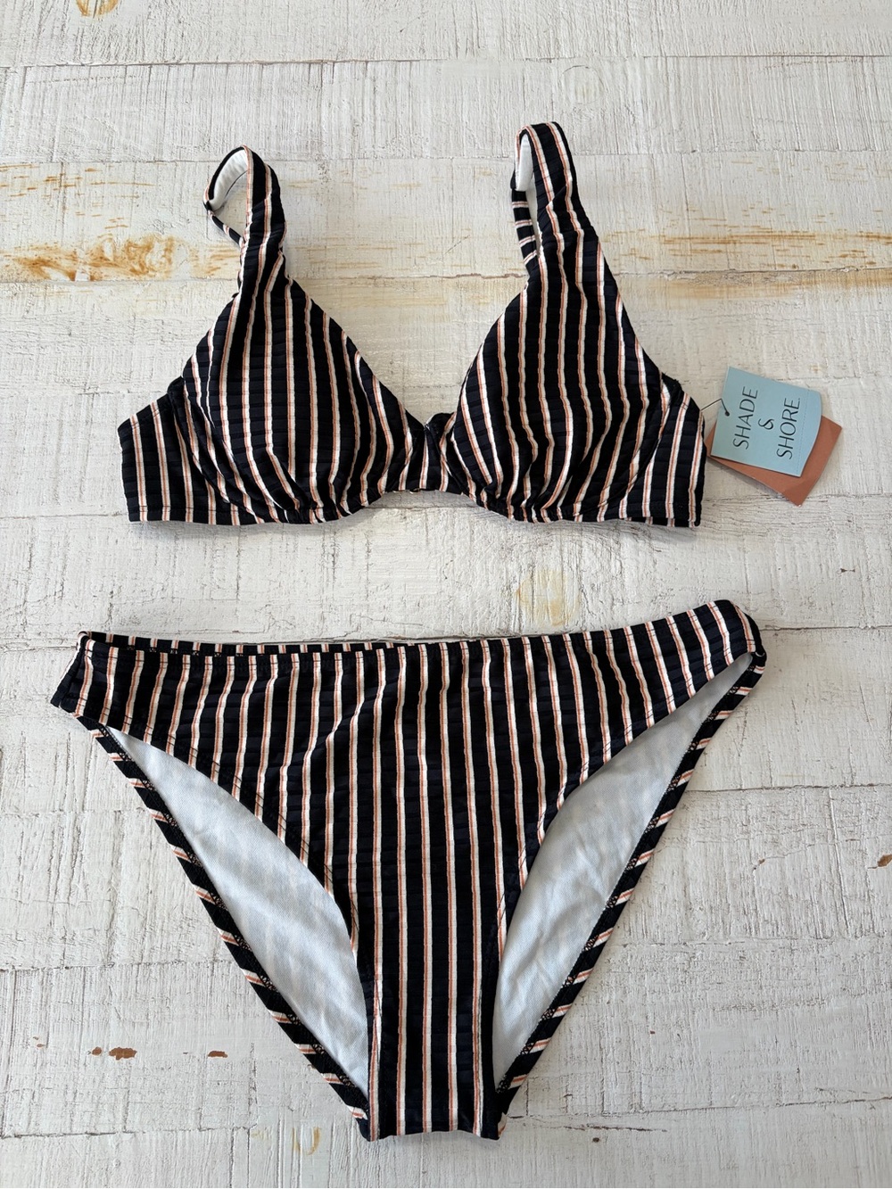Shade & Shore Striped Ribbed Bikini Set NWT Top 34C NWOT Bottom size Medium